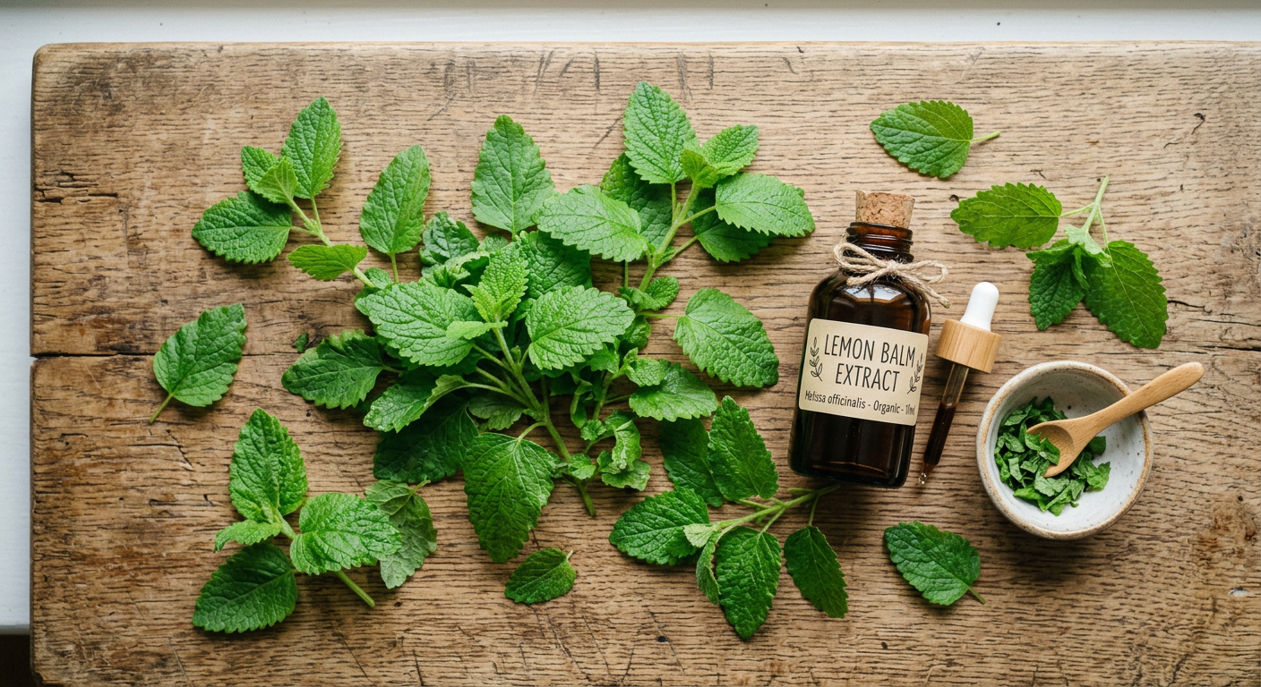 A small glass bottle of lemon balm extract surrounded by fresh lemon balm leaves on a rustic wooden surface
